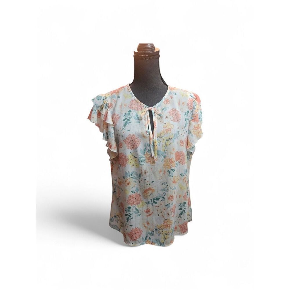 80 Park Pastel Floral V-Neck Ruffle Sleeve Blouse Size XL - Picture 2 of 7